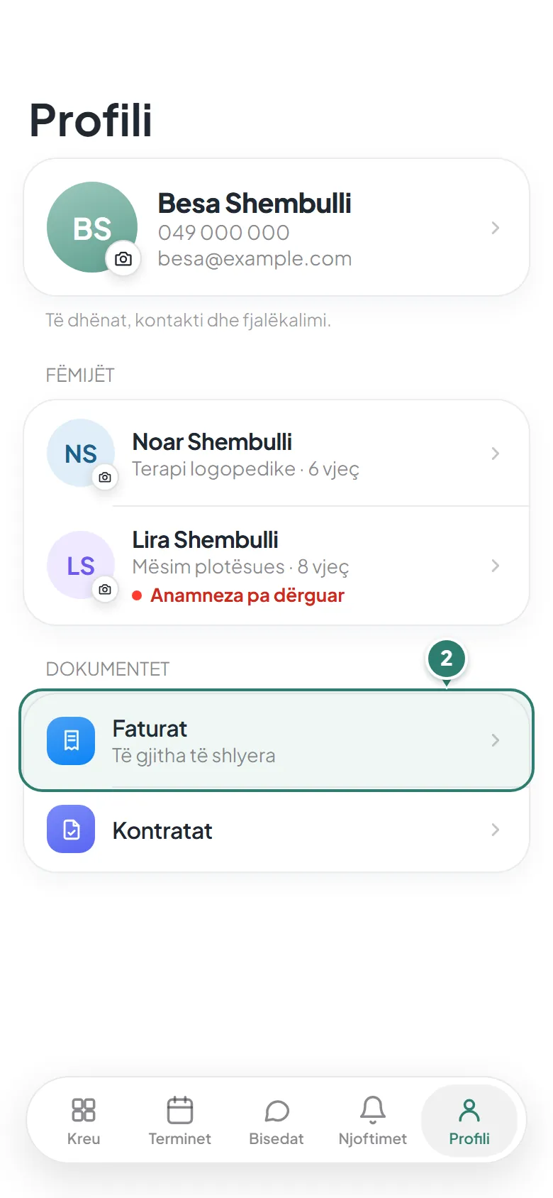 Profili në aplikacion: te Dokumentet, rreshti Faturat me të gjitha faturat.