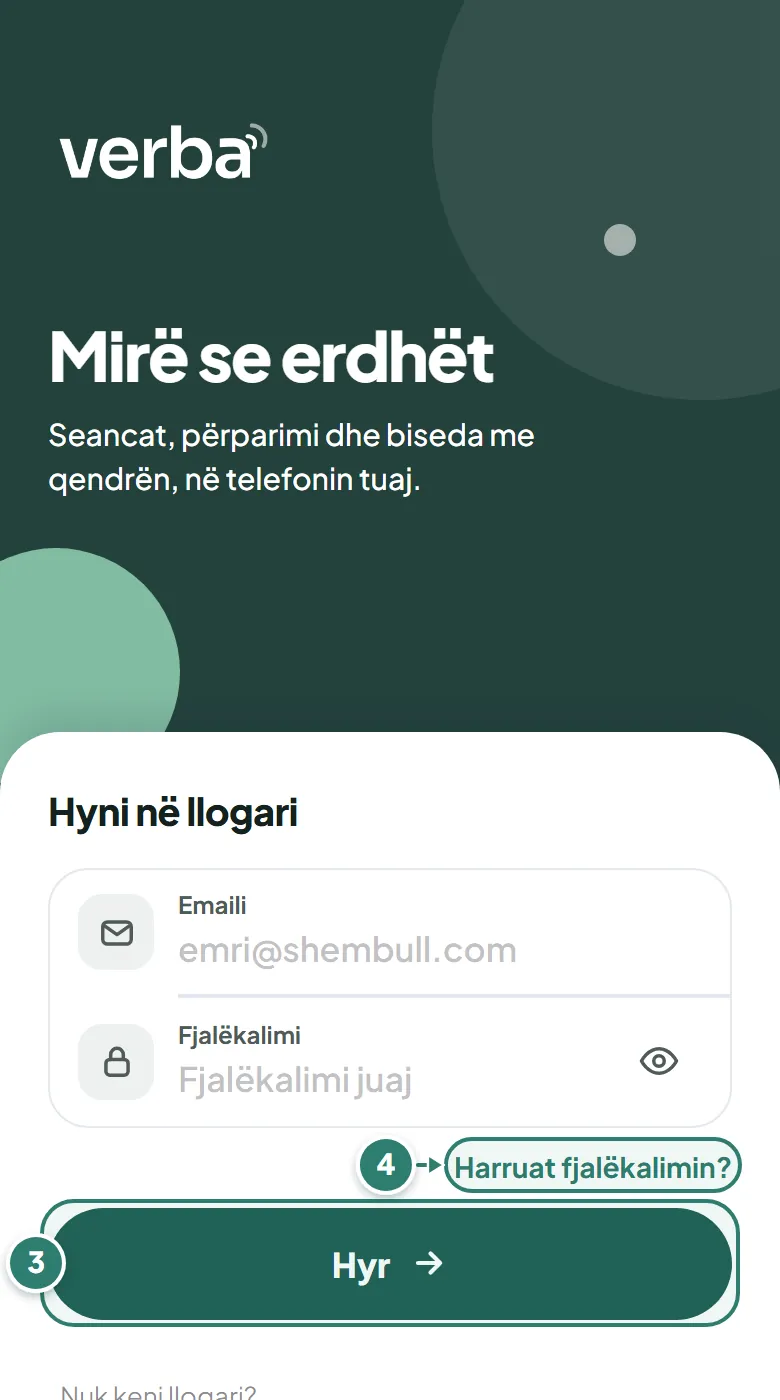 Hyrja në aplikacionin Verba Center: emaili, fjalëkalimi, butoni Hyr dhe lidhja Harruat fjalëkalimin?