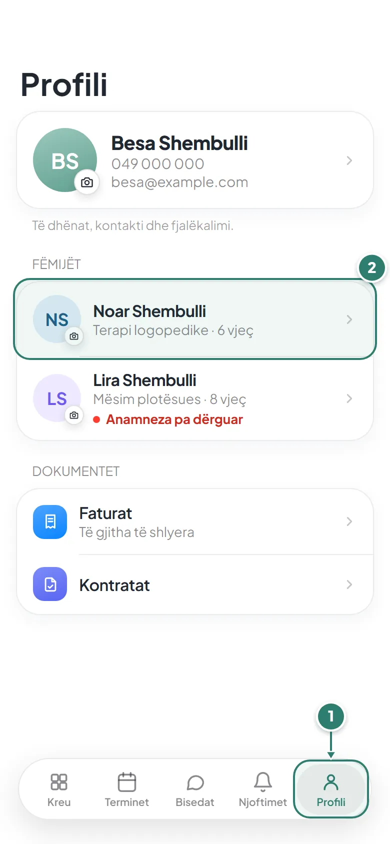 Profili në aplikacion: lista e fëmijëve; prekni fëmijën për të gjetur Raportet.