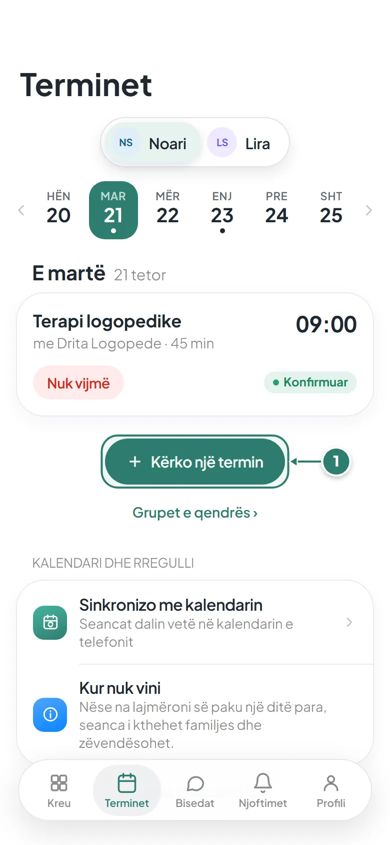 Terminet në aplikacion: seanca e radhës dhe butoni Kërko një termin.
