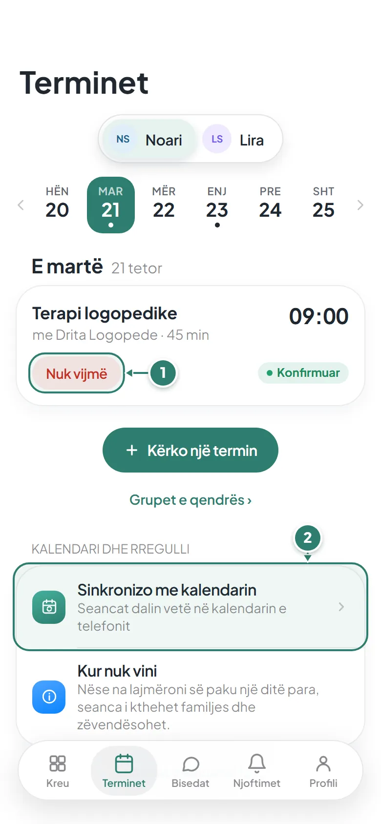 Terminet në aplikacion: butoni Nuk vijmë te seanca dhe Sinkronizo me kalendarin.